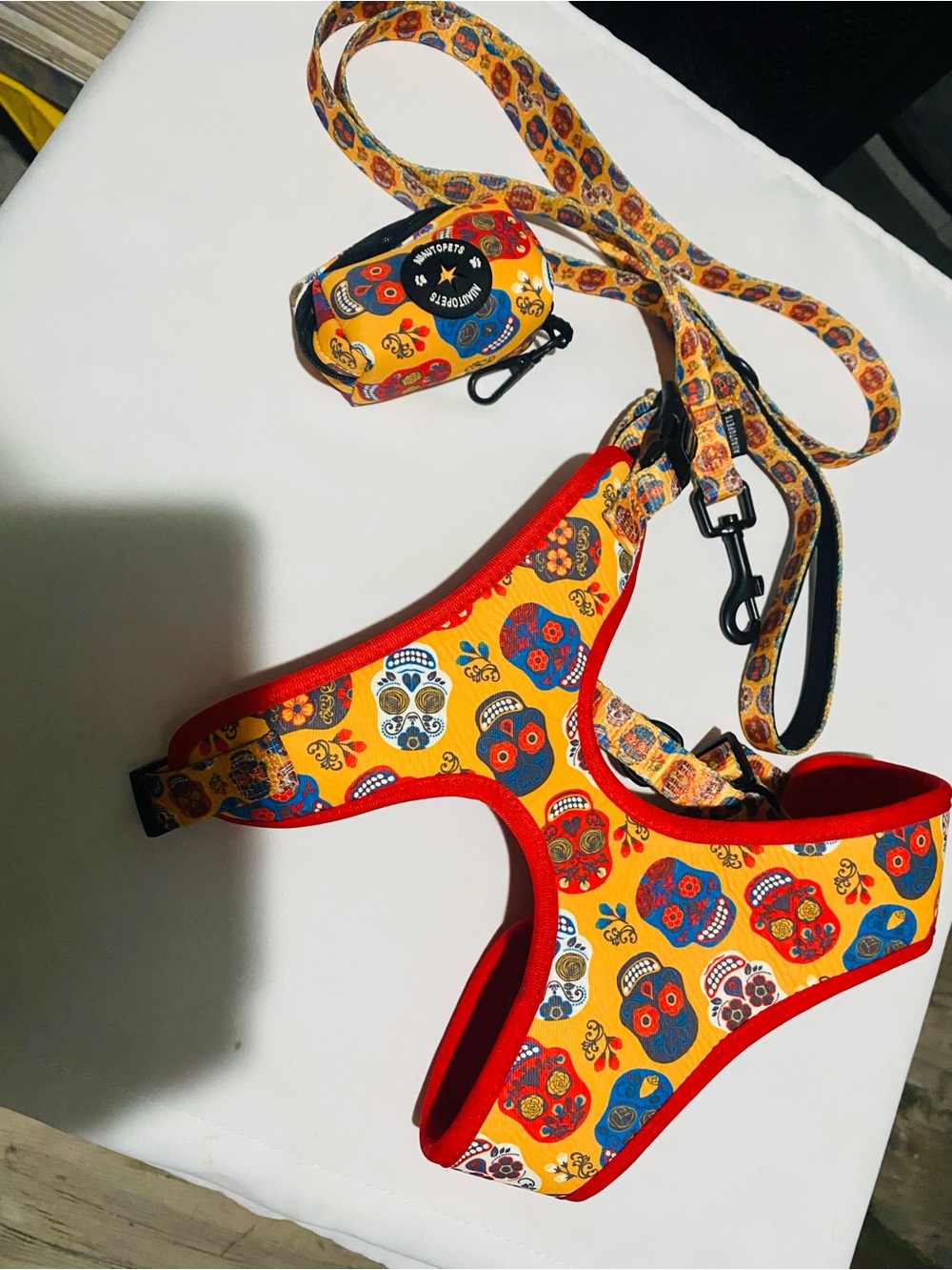 Sugar Skull Large Dog Harness/Leash/Disposal Bag Pouch NWOT